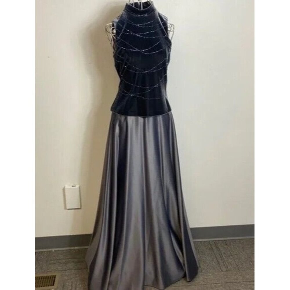 Arianna By Rachel Kaye Maxi Dress Black Velvet Halter Sequins Gray Satin Skirt 6